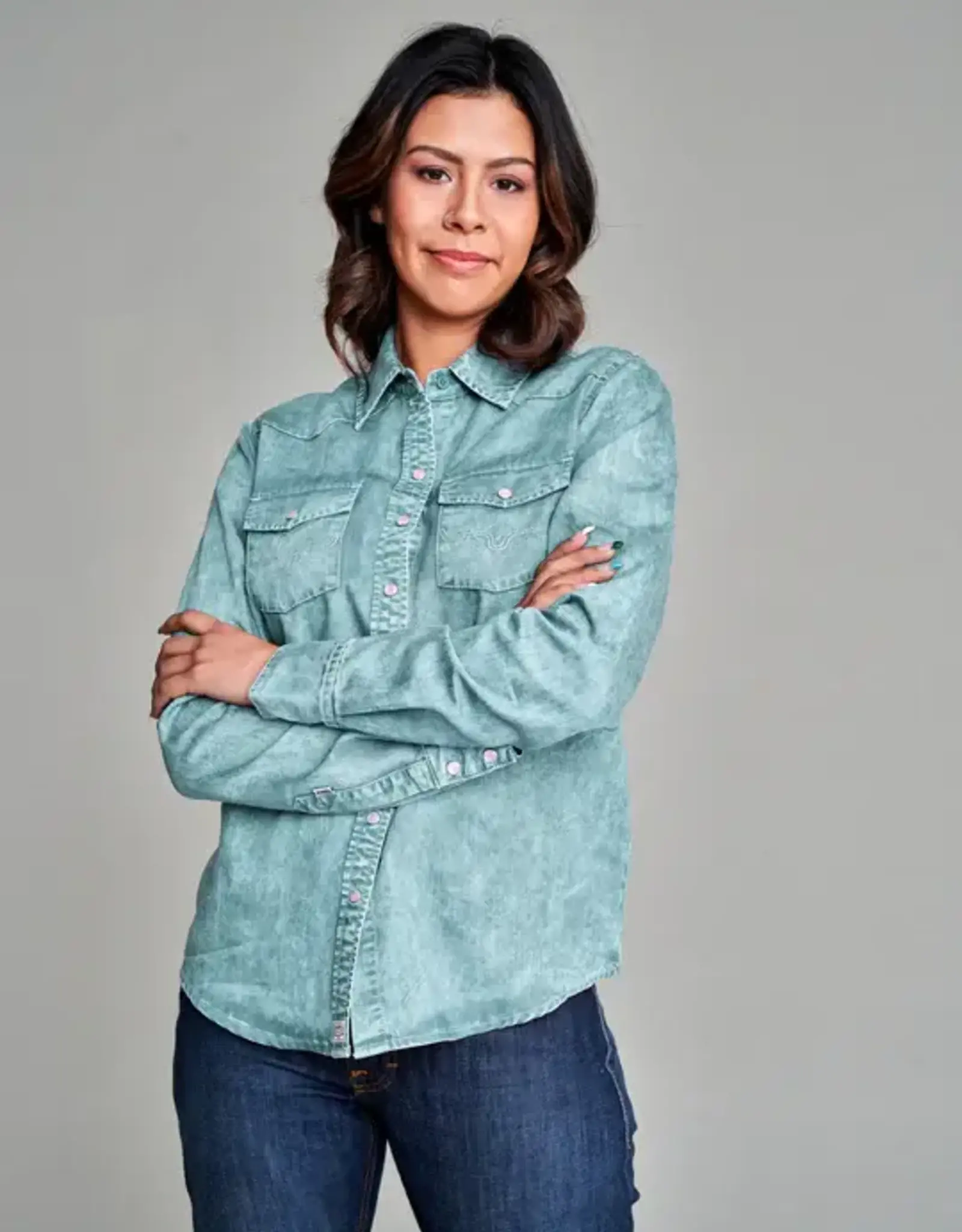 Womens Kimes Kaycee Light Blue Denim Tencel Denim Button Down Western Shirt