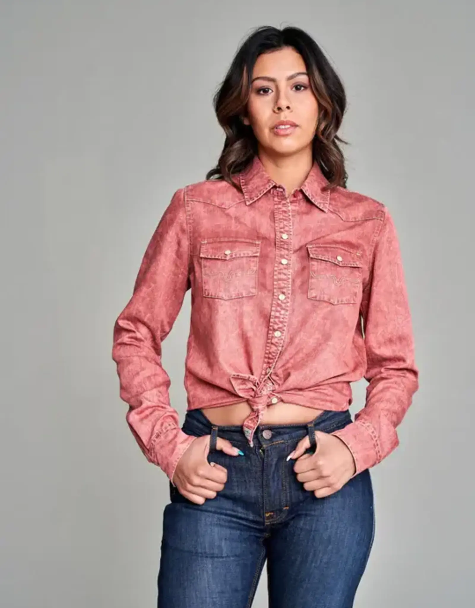 Womens Kimes Kaycee Rustic Dark Red Tencel Denim Button Down Western Shirt