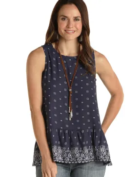 Womens Panhandle Slim Navy Western Bandana Print Sleeveless Knit Top