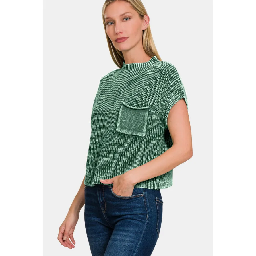 Zenana Washed Mock Neck Short Sleeve Cropped Sweater